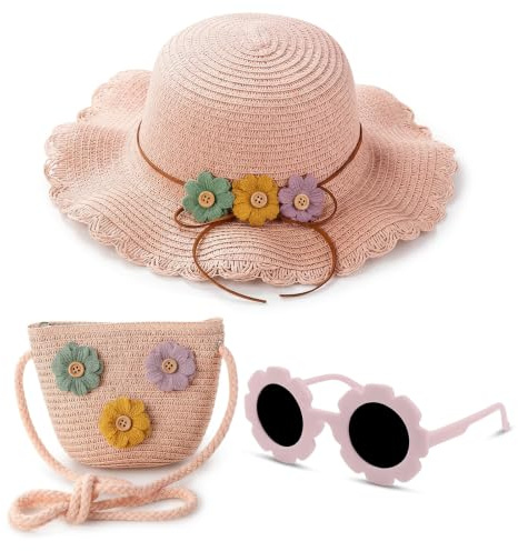 KDFSSIPE Set 3 Pezzi: Cappello di Paglia + Borsa Intrecciata + Occhiali da Sole Girasole per Bambina - Outfit Estivo Completo per Mare, Giardino e Asilo - Regalo Creativo (Rosa 2)