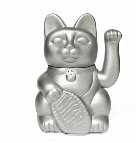 Winkekatze Glückskatze Maneki Neko Glücksbringer Japanische Glückskatze Dekofigur mit Beweglichem Arm Batteriebetrieben für Schreibtisch Büro Wohnzimmer Eingang Geschenkidee (Silber, L)