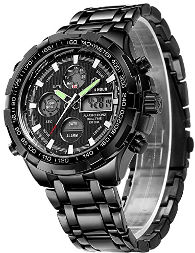 GOLDEN HOUR Luxury Stainless Steel Analog Digital Watches for Men Male Outdoor Sport Waterproof Big Heavy Wristwatch (Black)