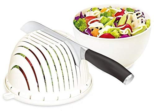 Easy Fruit Vegetable Salad Cutter Bowl, Fantes Multi-Function Kitchen Colander Strainer Storage Holder Rotatable (Small - White)