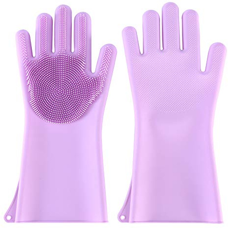 Reusable Silicone Cleaning Gloves Dishwashing Scrubber Dish Wash Scrubbing Sponge Gloves with Bristles Great for Washing Dish Kitchen Car Bathroom Pet Hair Care (Purple)