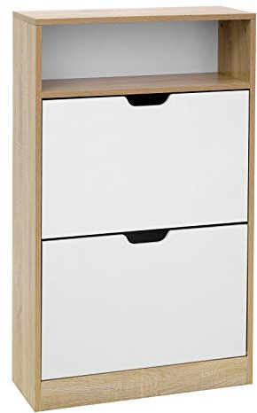 VASAGLE Custos Collection - Meuble à Chaussures 2 Portes, Étagère à Chaussures, Compartiment Ouvert, Séparateur Réglable, 10 à 12 Paires, pour Entrée, Blanc et Couleur Boisée LBC04NW