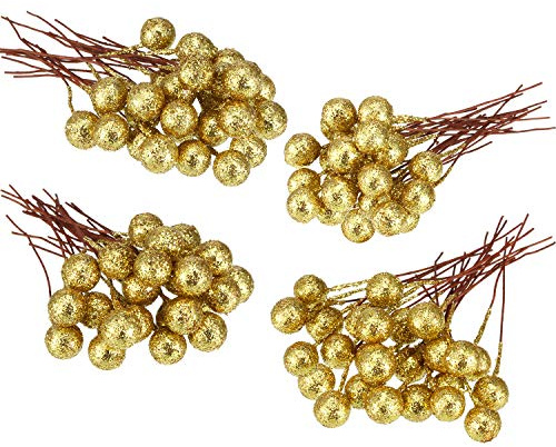 BBTO Artificial Holly Berries, 100 Pieces Mini 10 mm Fake Berries Decor on Wire for Christmas Tree Decorations Flower Wreath DIY Craft Use (Sequined Gold)