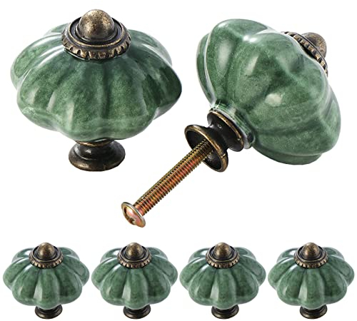 TsunNee Lot de 6 boutons d'armoire en céramique – Poignées de placard de cuisine chic antique citrouille, boutons de porte de meubles ronds en vert
