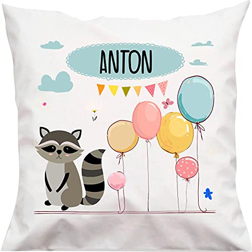 Kleckerliese Baby Kinder Kissen Kissenhülle Tiere Motiv, Waschbär mit Wunschname Balon Wolken, 40x40 cm Farbe Weiß mit Füllung