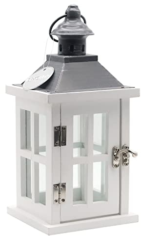 Dekovita 27cm Holz-Laterne Weiß - Gartenlaterne mit Glas-Scheiben Henkel - Windlicht Deko-Laterne Naturholz