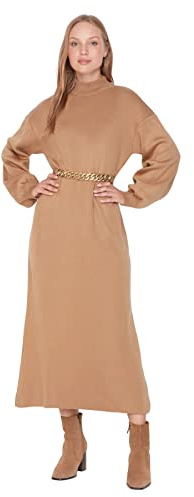 Trendyol Woman Design Midi Jile V-Neck Knitwear Dress, Vestido Mujer, Camel, M