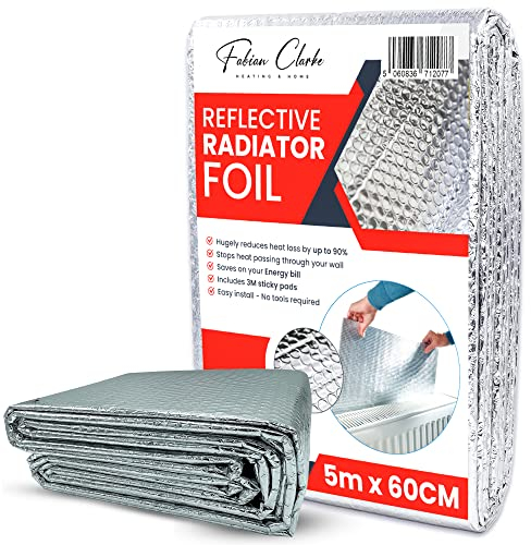 Radiator Foil Reflector Roll 5m x 60cm – Heat Reflective Radiator Foil Panels and Insulation Sheet – Radiator Reflector Foil for Behind Radiators – Thermal Radiator Insulation Includes Sticky Pads