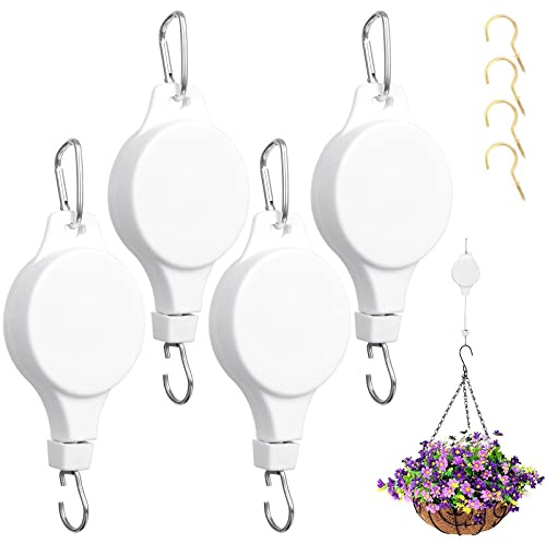 Fippy 4 poleas para cesta colgante, gancho ajustable de polea de plantas resistente con 4 ganchos de techo dorados para colgar cestas de plantas, comedero de pájaros, luz de cultivo de plantas