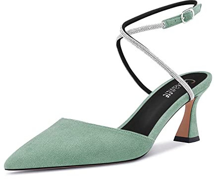 Castamere Donna Spillo Medio Tacco Heel Cinturino Incrociato Diamante Cristallo a Punta 6.5 CM Heels Verde Chiaro Scamosciato 42 EU