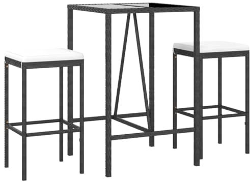 vidaXL Gartenbar Set 3-TLG., Gartenmöbel Bartisch 2 Barstühle, Stehtisch Barhocker für Garten Terrasse, Sitzgruppe Gartenset mit Kissen, Schwarz Poly Rattan