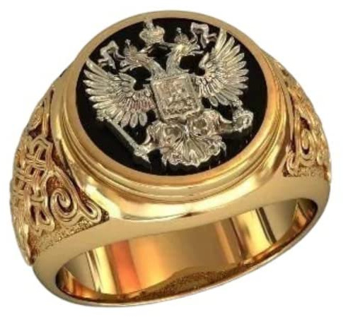 QUSIIOSLK Luxury 14K Gold Plated Russian Emblem Ring for Men Vintage Double Headed Eagle National Emblem Signet Ring Personalized Engraved Jewelry （Size 12）