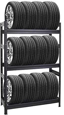 PROREGAL Reifenregal Dino | HxBxT 180x120x50 cm | Fachlast 150kg | bis zu 12 Reifen | Schwarz | Reifenständer Garagenregal Kellerregal Werkstattregal