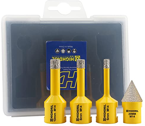 HIGHDRIL Diamant Bohrer Set - 4 Stück (6/8/10mm+20mm Fasenbohrer) Diamant Lochsäge Set für Keramik Porzellan Fliesen Granit Marmor Ziegel Dekton mit M14 Gewinde