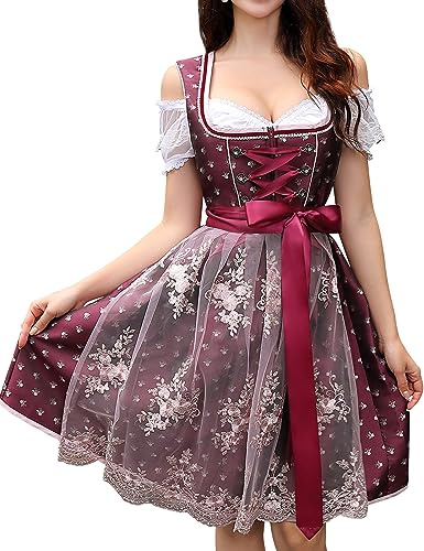 Dirndl pour Femme - Robe Traditionnelle Courte et élégante - Ensemble 3 pièces Comprenant Une Robe Dirndl, Un Tablier, Un Chemisier Dirndl pour l'Oktoberfest (Rouge, 34)