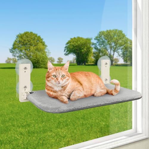 PUPAGREE Kabellose Faltbare Katzenfensterstange, Katzenhängematte für Fenster und Wand, mit 4 Saugnäpfen, Stabiler Setal-Rahmen für Glasfenster und Innenwände (Grau groß)