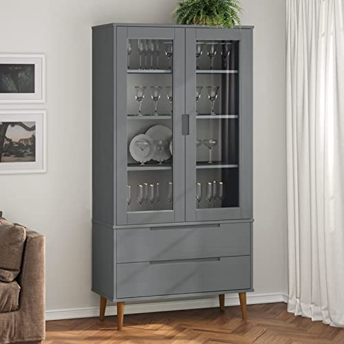 Festnight Vitrinenschrank aus Holz MOLDE Grau 90x35x175 cm Vitrinenschrank Wohnzimmer Bücherschrank Mehrzweckschrank, Glasvitrine, Standvitrine Mit 2 Schubladen und 4 Fächern mit 2 Glastüren