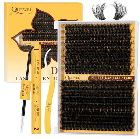 QUEWEL Wimpern-Extensions 320 Stück 80D+100D, DIY Lash-Extension-Set, Cluster-Lashes mit Wimpernkleber und Wimpernpinzette, einfach bezaubernde Augen zu Hause machen (Fluffy-80+100D-D-MIX12–18-Kit)