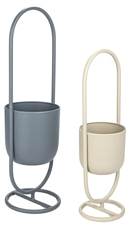Bloomingville Metal Floor Planters Hanging on Stands, Matte Grey and Sand Color, Set of 2, Multicolor