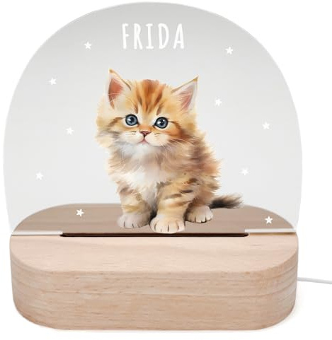 DEL MÀ Unique & Personal Personalisiertes Katze Nachtlicht Kinder & Babys Babyzimmer Deko Kinderzimmer Nachtlampe Mädchen Jungen Kinderlampe Inkl. Holzfuß
