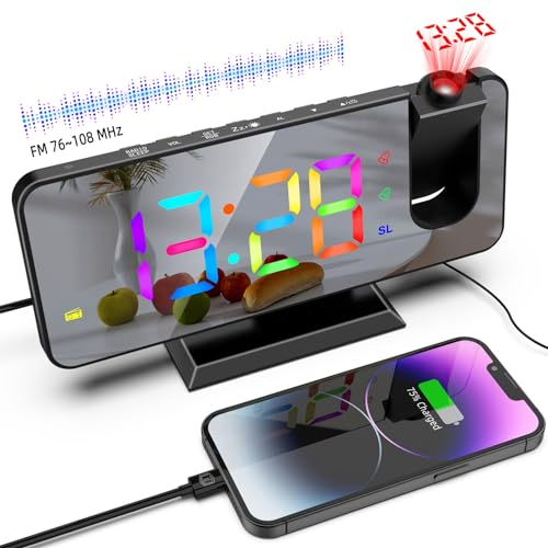 ThreeH Projektionswecker RGB Funkwecker an der Decke 180° drehbarer Projektor Digitaler farbenfroher Wecker für das Schlafzimmer USB Ladeanschluss Spiegelbildschirm Schwarz
