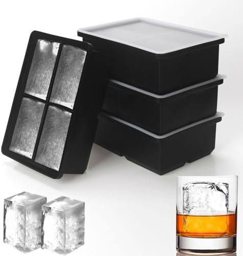 Large Ice Cube Tray with Lid 4 Pack (2024 New Version), 4-Cube Stackable Silicone Ice Cube Molds, Whiskey Ice Cubes Mold for Bourbon, Cocktails, Soup Frozen Treats(Black 4 Tray)