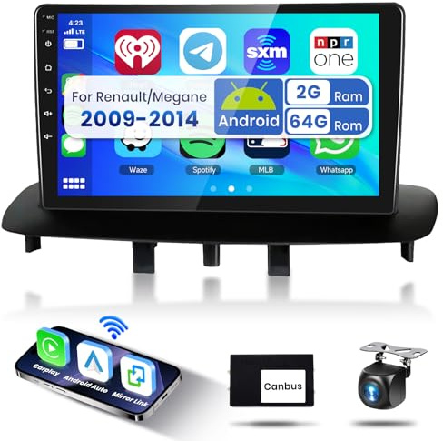 2G e 64G Podofo 9 Autoradio per per Renault Megane 3 2009-2014 Wireless Carplay Android Auto, radio Android Bluetooth con Wifi GPS RDS/FM+AHD fotocamera per la retromarcia/Canbus