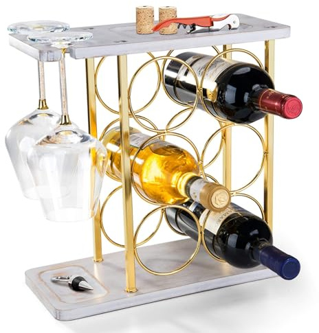 Weinregal Gold mit Glashalter, Arbeitsplatte Holz Weinhalter für 6 Flaschen & 2 Gläser, inklusive Ablageschalen für Korken & Öffner - Perfekte Weiß- & Goldwein-Display für Hausbar & Küche Dekor