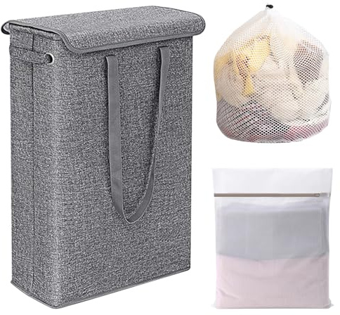 Oungy Faltbarer Wäschekorb Grau mit Deckel, 45L Wäschekorb Schmal und Hoch, Wäschesammler Schmal mit Griff, Wäschesammler Klein mit 2 Stück Wäschesack für Bad und Schlafzimmer, 60x39x19 cm