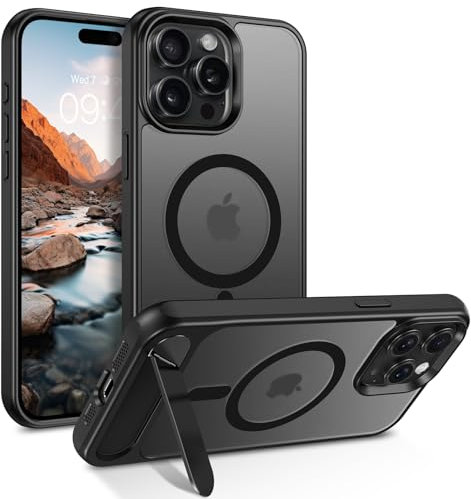 DOMAVER Hülle für iPhone 15 Pro Max (6,7) - Magnetisch Integrierter unsichtbarer Ständer | Militärischer Fallschutz | Transparente Matt-Oberfläche | Kompatibel mit Mag-Safe Zubehör， Schwarz