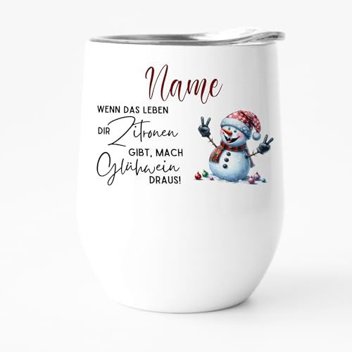 GRAZDesign Thermobecher Glühwein mit Namen personalisiert Weihnachten Schneemann Motiv mit Deckel aus Edelstahl 350ml