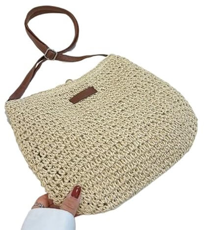 HESHUYAN Strohtasche Stroh gestrickte Geldbörsen und Handtaschen Frauen Schultertaschen Stroh gewebte Seitentasche for Damen Frau Handtasche Strandtasche Runde Strohtasche(Beige)