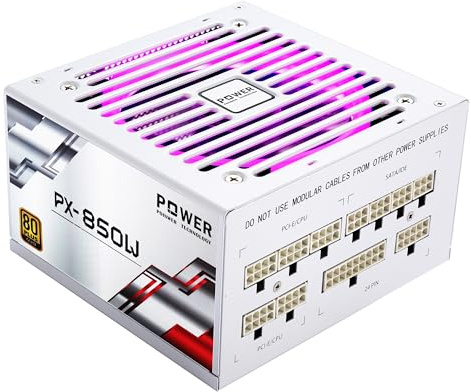 POINWER 850W PSU – Fully Modular 850 Watt Power Supply, 80 Plus Gold, Silent RGB Fan, 105°C Capacitors, High Efficiency for Gaming & Workstations - White