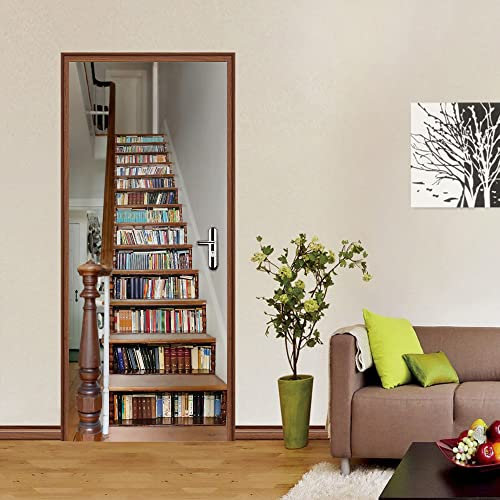 Türtapete Selbstklebend Bücherregal Treppe Türposter Türaufkleber Abnehmbare Vinyl türfolie Fototapete diy Wandbild Wohnzimmer Schlafzimmer Kinderzimmer Badezimmer B100 x H200cm