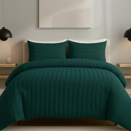 AHS - Single Emerald Green Seersucker Duvet Set Cover With Pillow Case - Multiple Sizes - Complete Bedding Set - Ultra Soft Brushed Microfiber - EasyCare & Machine Washable