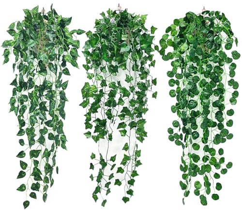 thirei Kunstpflanze Hängend, 3 Stück Künstliche Hängepflanzen, 90cm, 3 Verschiedene Hängepflanzen, Fake Plant für Büro, Garten, Party, Wanddekoration