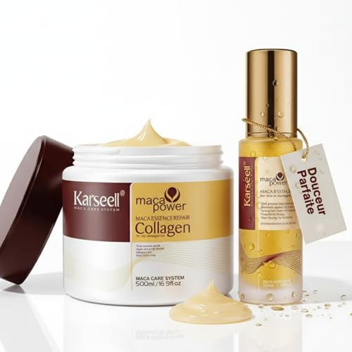 Karseell MACA CARE SYSTEM Pack Mascarilla Capilar Profesional Colágeno + Aceite de Argán Coco Karité Hidratante Nutritivo Reparador Antifrizz Cabello Seco Dañado Teñido Encrespado Brillo Sin Sulfatos