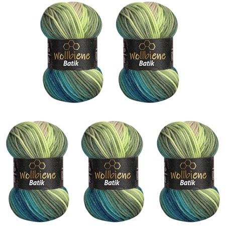 5 x 100g Wollbiene Batik 500 Gramm Wolle mit Farbverlauf mehrfarbig Multicolor Strickwolle Häkelwolle (2430 petrol grün beige)