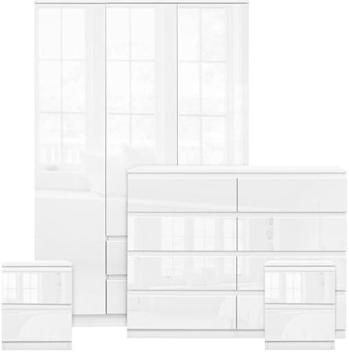 Blisswood High Gloss 3 Door Wardrobe with Hanging Rails + 8 Drawer Chest of Drawers + 2 Piece of 2 Drawer Bedside Cabinet Cupboard - Wardrobe for Bedroom - 4 Piece Bedroom Furniture Set (White)