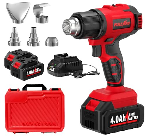 FULLYEA Cordless Heat Gun, Max 1022°F (550°C) Fast Heating, Lightweight Hot Air Gun Kit with 2x4.0Ah Batteries & 5 Nozzles, Portable Heat Gun for Shrink Tubing, PVC Wrap, Crafts (Red)