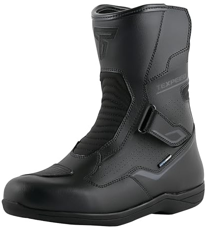Texpeed Botas Moto Hombre Cuero - Cruiser 100% Botas De Moto Impermeables De Corte Corto Homologadas Por La CE - Negro - EU 43 | EN 13634 - Calzado reforzado para moto, piel de vacuno auténtica, estilo motociclista Adventure Touring