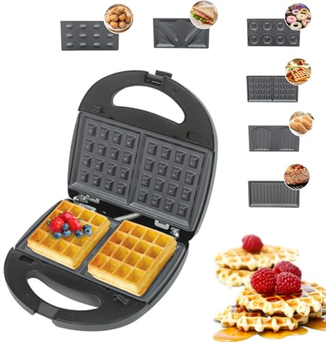 DAOHHFO Gaufrier 750 W avec 6 paires d'emporte-pièce, sandwich grille-pain, grille-sandwich avec revêtement antiadhésif, gaufrier multifonction, panini, gaufres