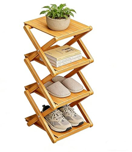 Étagère à Chaussures en Bambou - Aucun Assemblage Requis, Étagère à Chaussures Pliable Haute et Étroite Pour Gagner de la Place Dans Les Éntrées, Coins, Chambres, 4 Niveaux (Renforcée et Épaissie)