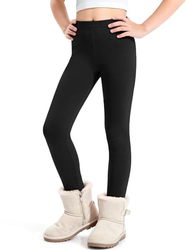 KEREDA Girls Fleece Lined Leggings Kids Thermal Leggings Winter Warm Thick Pants Trousers for Childrens Age 5-12 Years Black Grey