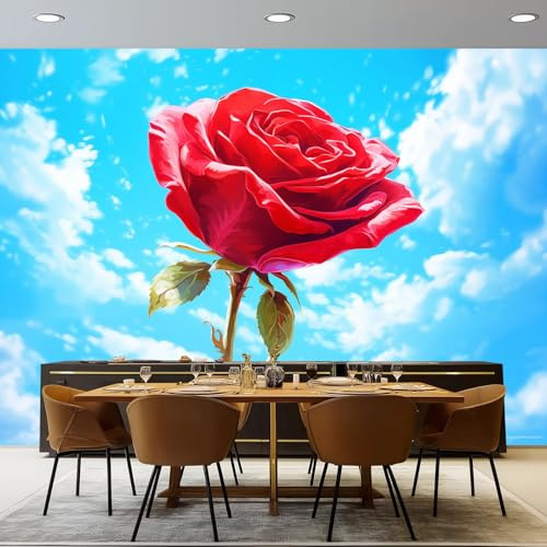 Papel pintado Patrón De Cielo Y Rosa, 300 x 210 cm Azul Rojo Papel tapiz fotográfico personalizado no tejido para sala de estar y habitación infantil