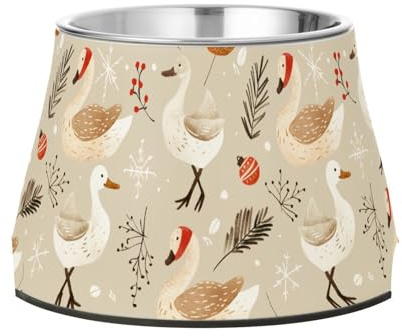 Tazón de comida para mascotas de Navidad de ganso de colores suaves beige con soporte, cuenco de alimentación de mascotas de acero inoxidable para mascotas pequeñas, apto para bigotes