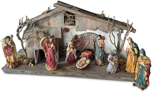 matches21 HOME & HOBBY XXL Weihnachtskrippe 60 cm mit Krippen-Figuren - Großes Holz-Krippen Weihnachtsdeko Komplett-Set