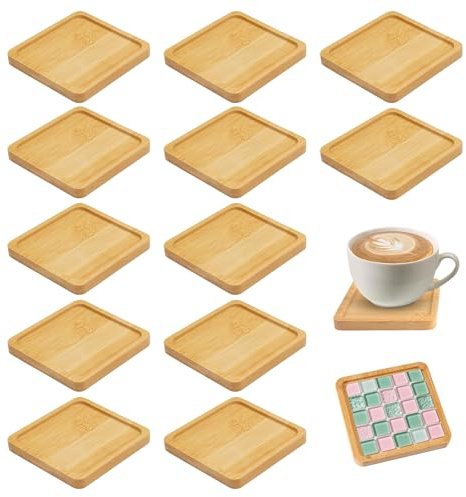 12 Stück Holzuntersetzer Quadratisch, 9cm Untersetzer Holz Bambus Tablett Kleines Tablett mit Rand Mosaik Untersetzers Bastelset Holztablett für DIY Basteln Trinkbecher Wohnzimmer Deko