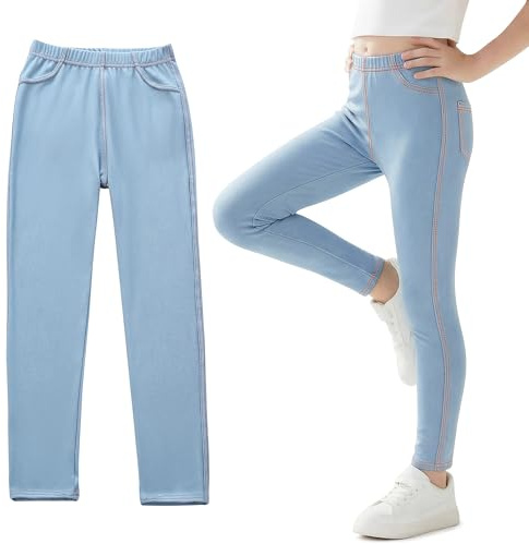 Tokeya Jeggings för flickor, Jeans-Look Leggings för barn, full längd, tights, byxor, denim Skinny Fit, stretchiga leggings, byxor med fickor för utomhusbruk, fritidskläder för barn 6-13 år, Ljusblått