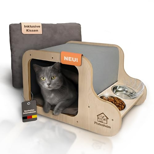 Pfotenheim Katzenhaus mit Katzenbett, Katzenhöhle & Katzennapf | Katzenkorb, 3-in-1 Kratzmatte mit Katzen-Napfset | Gemütlicher Katzen-Rückzugsort mit Kissen & 2 Näpfen aus Edelstahl